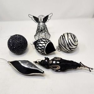 Black and White Ornament Lot 6 Balls Cones Angel Metal Rhinestone Beads Holiday